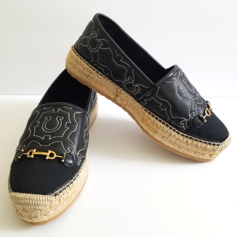 Salvatore Ferragamo Logo Embroidered Leather Platform Espadrilles Size 1…